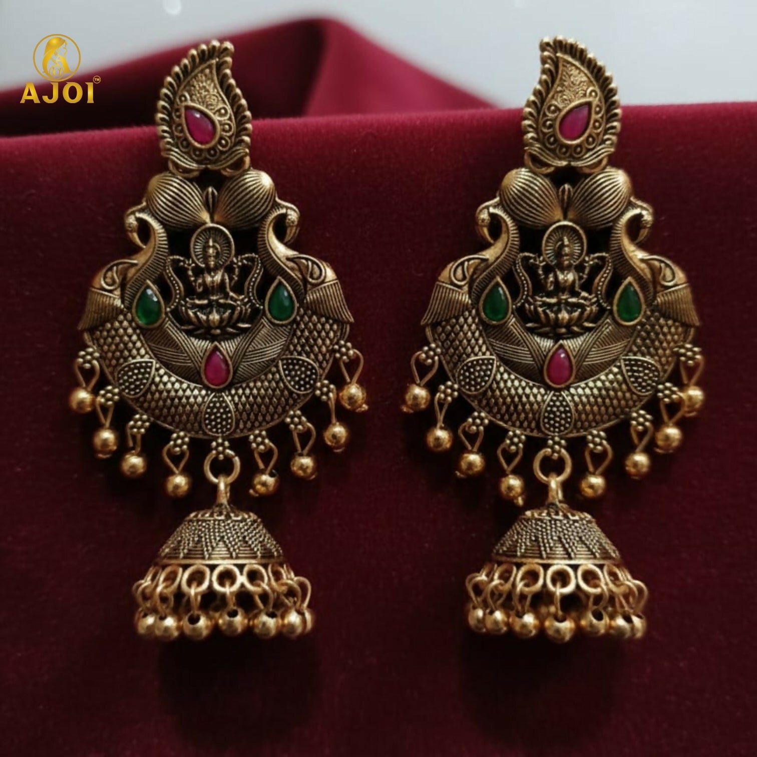 Premium Antique Gold Plated Temple Jhumka Earrings with Lakshmi Motif & Stone Work