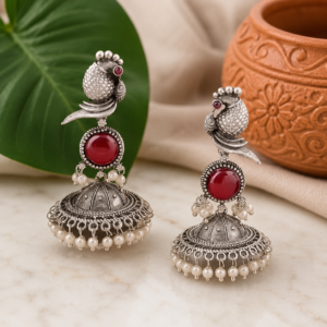 Handcrafted Oxidized Silver Peacock Jhumka Earrings with Ruby & Pearl Accents