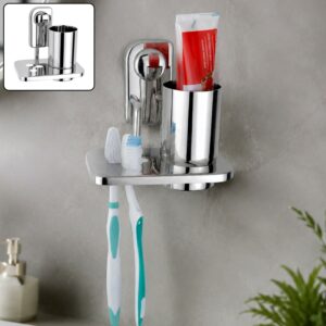 Premium Stainless Steel Wall Mounted Toothbrush Holder with Tumbler Stand & Toothpaste Organizer for Bathroom