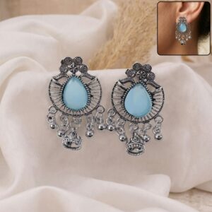 Oxidized Silver Teardrop Jhumka Earrings with Sky Blue Stone and Ghungroo Charms