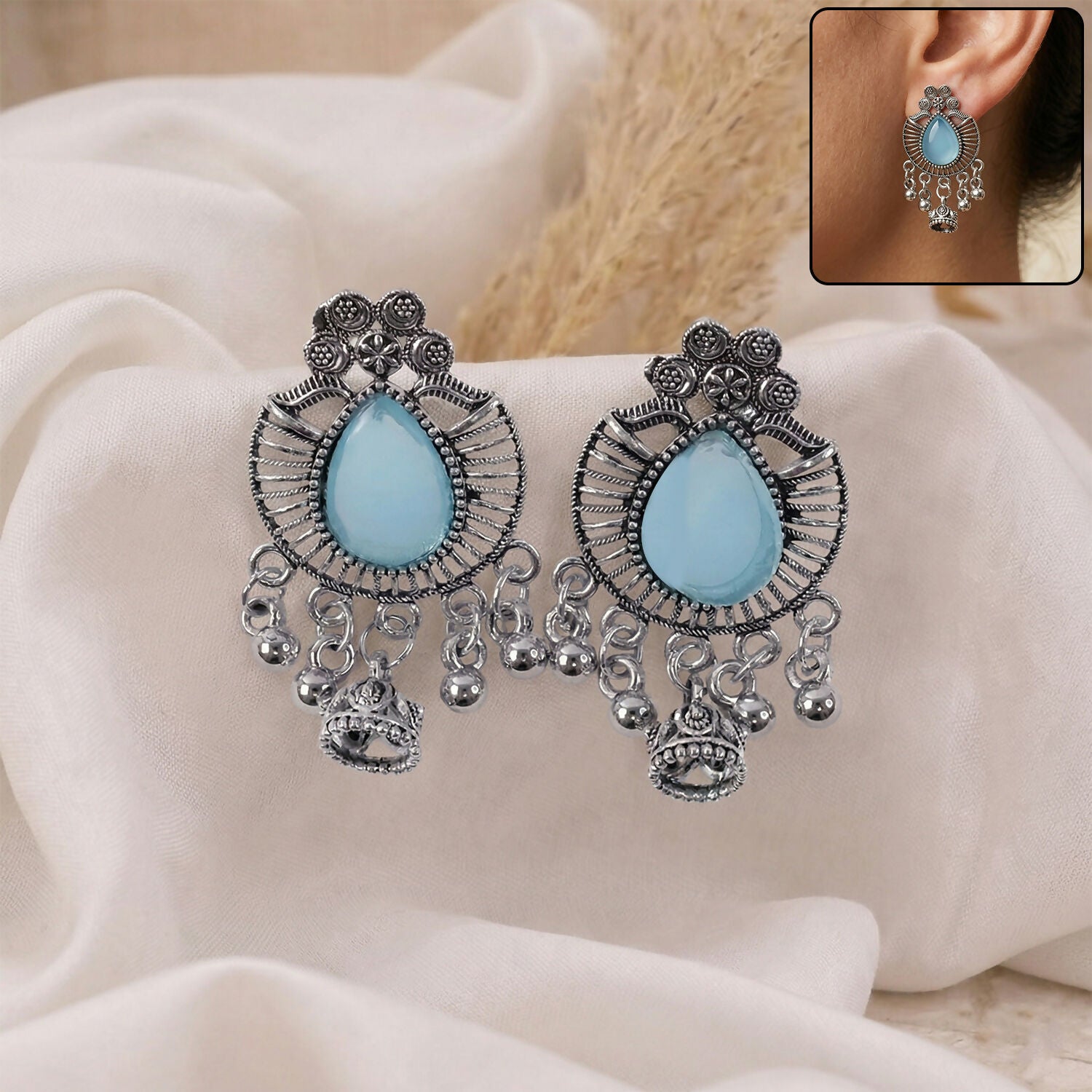 Oxidized Silver Teardrop Jhumka Earrings with Sky Blue Stone and Ghungroo Charms