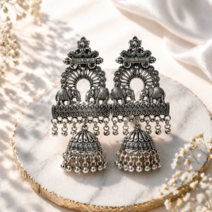 Premium Oxidized Silver-Plated Ethnic Elephant Motif Jhumka Earrings