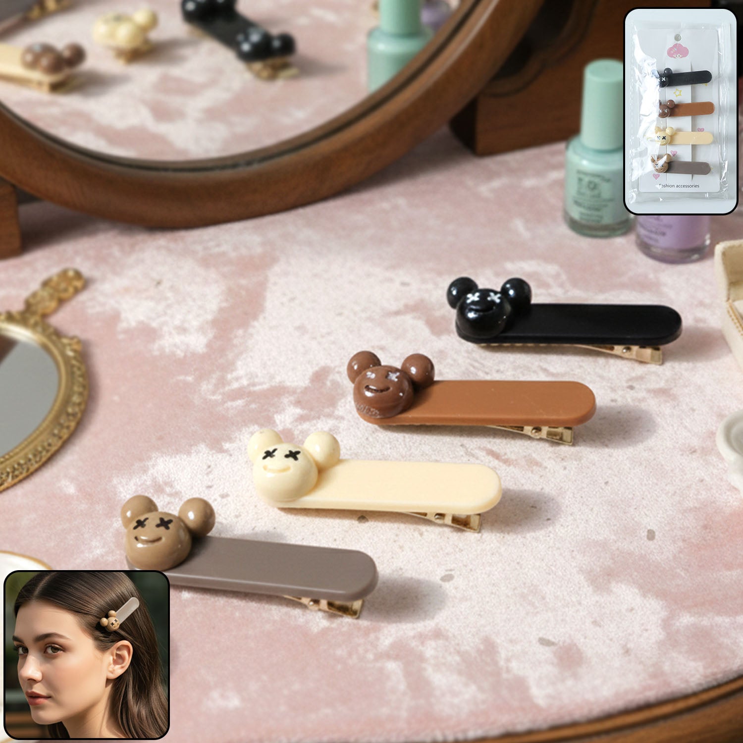 Cute Cartoon Bear Design Premium Fashion Hair Clips (4 Pc)