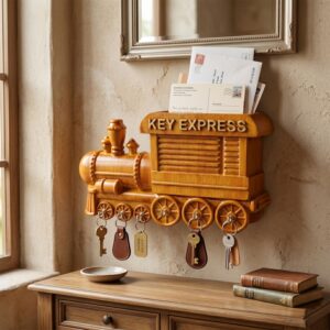 Key Holder Express Train – Wooden Key Rack Organizer with Hooks for Keys & Accessories