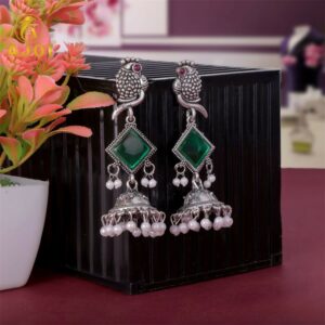 Oxidised Silver Green Stone Parrot Design Jhumka Earrings for Women & Girls