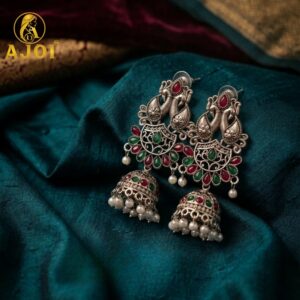 Oxidized Silver Peacock Jhumka Earrings with Ruby Green Stones & Pearls