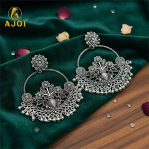 Oxidised Silver Floral Chandbali Earrings with Color Stone Detailing & Ghungroo Drops