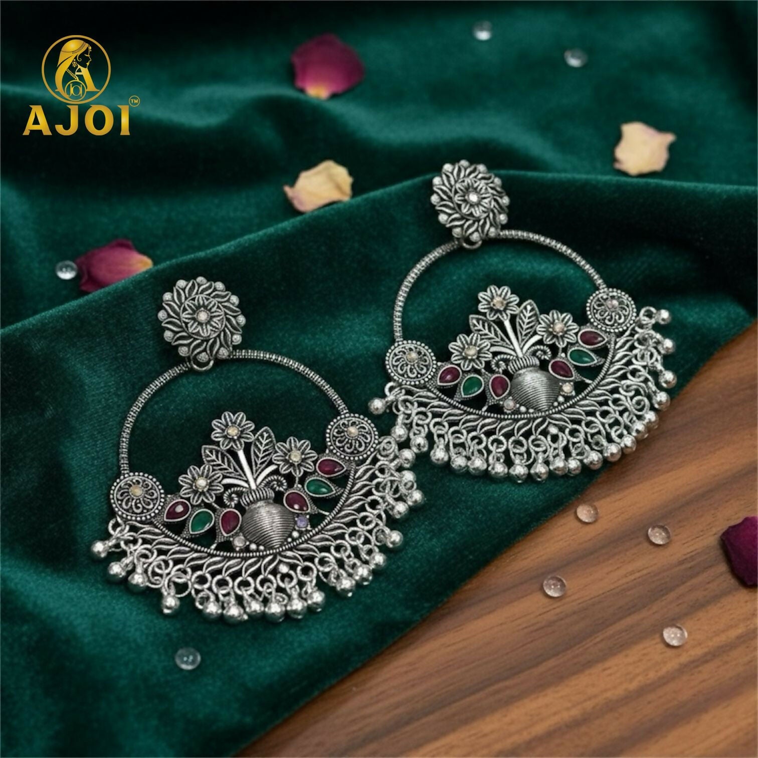 Oxidised Silver Floral Chandbali Earrings with Color Stone Detailing & Ghungroo Drops