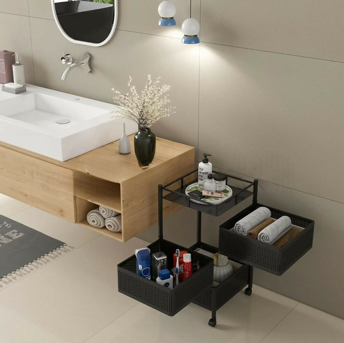 Square 3-Basket Stainless Steel Kitchen Trolley with Ventilated Baskets & 4 Wheels