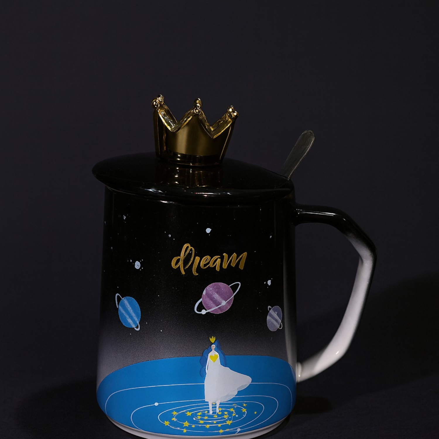 Premium Ceramic Dream Mug with Golden Crown Lid & Spoon | Luxury Galaxy Theme Coffee & Tea Cup for Home, Office & Gifting | Cute Designer Mug with Lid for Hot Beverages | Ideal Birthday, Anniversary & Festive Gift