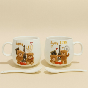 Teddy Bear Couple Ceramic Mug Set with Spoons – Gift for Couples