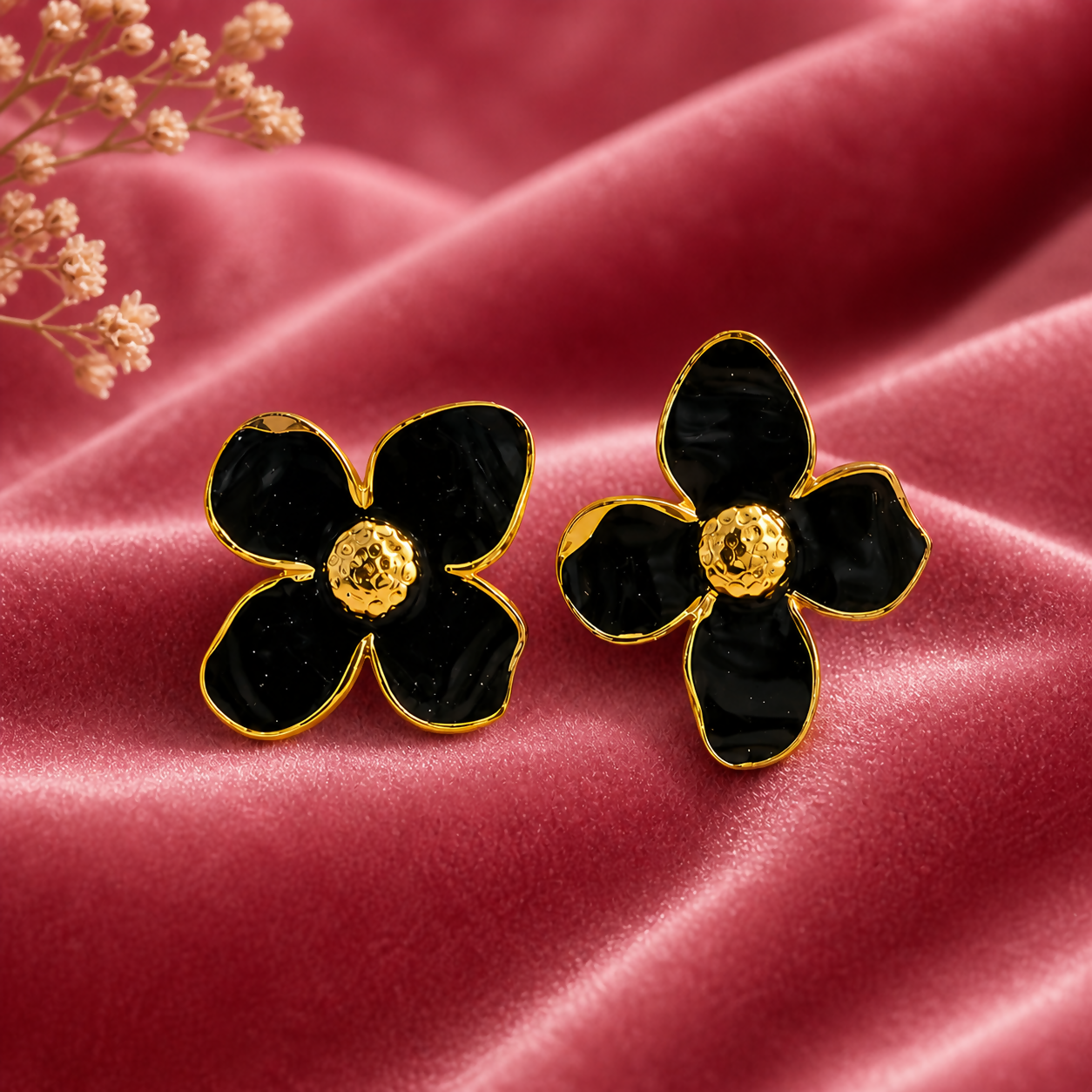 Black Floral Enamel Stud Earrings for Women Elegant Anti Tarnish Daily Wear