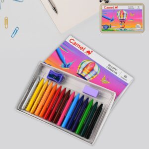 Camel Plastic Crayons 15 Assorted Shades with Free Sharpener and Eraser