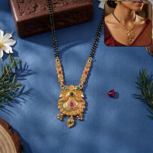 Antique Finish Kalash Pot Pendant with Green & Pink Enamel Double Strand Mangalsutra