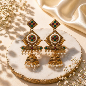 Premium Antique Gold-Plated Geometric Stone & Pearl Jhumka Earrings