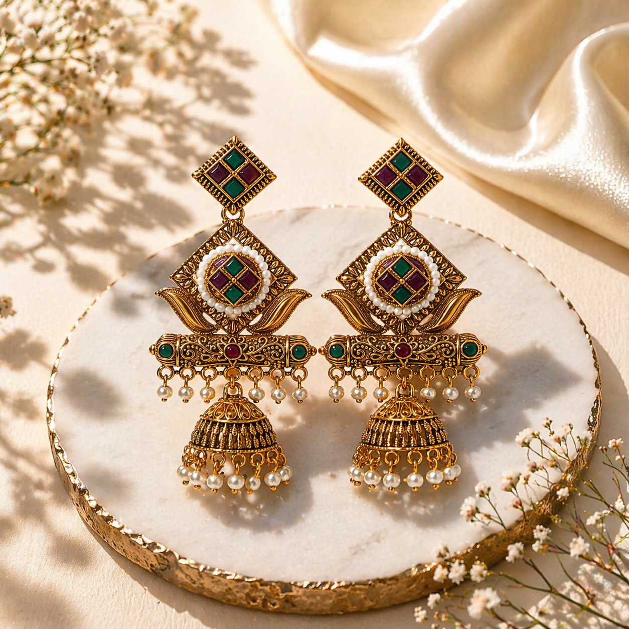 Premium Antique Gold-Plated Geometric Stone & Pearl Jhumka Earrings