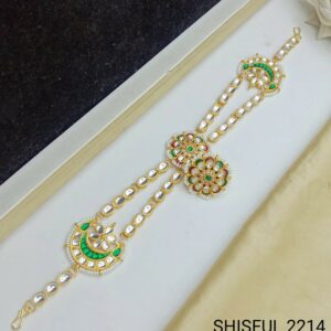 Gold-Plated Kundan Headpiece with Emerald Green Crescents(SHISHFUL)