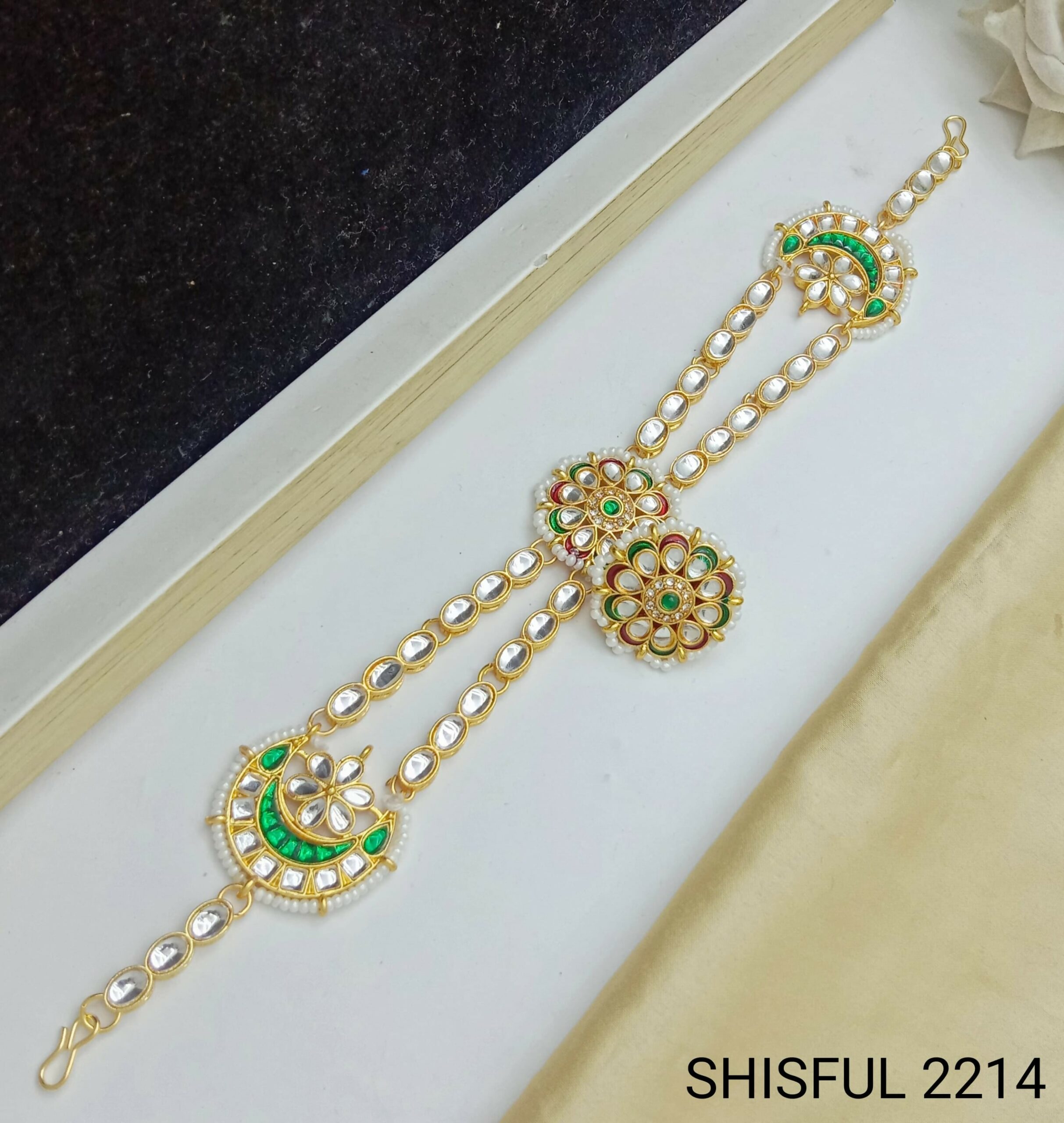 Gold-Plated Kundan Headpiece with Emerald Green Crescents(SHISHFUL)