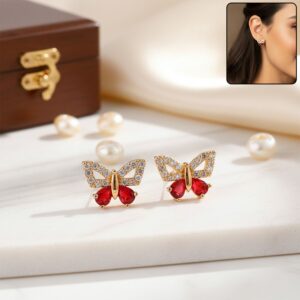 Butterfly Shape CZ Stud Earrings with Red Stone for Women & Girls