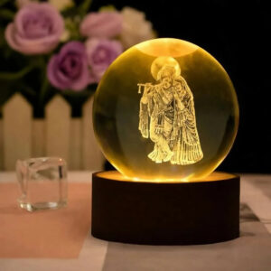 Premium 3D Radha Krishna Crystal Ball LED Night Lamp with Wooden Base