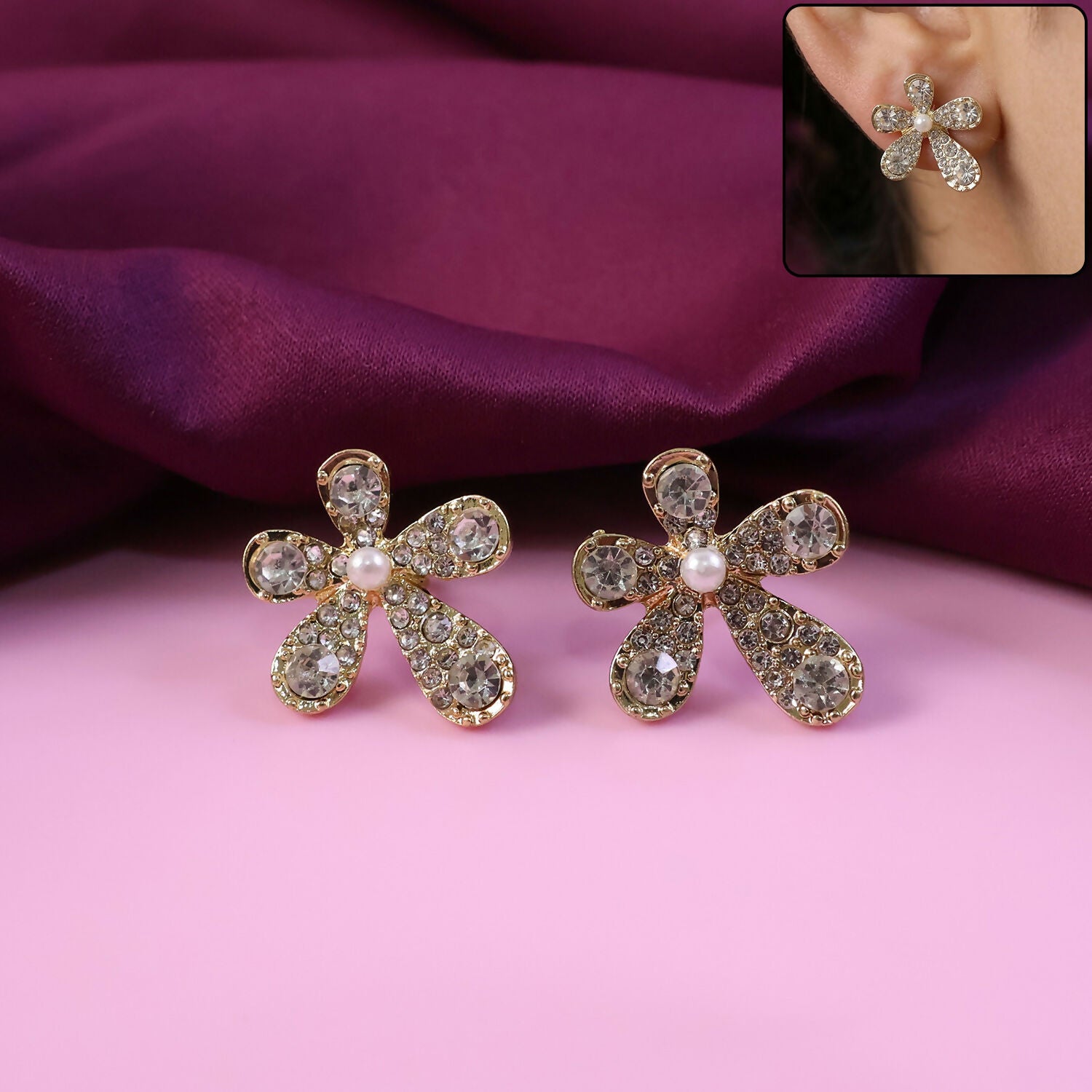 Elegant Crystal Flower Design Stud Earrings for Women and Girls Party Wear