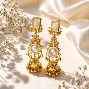 Premium Gold-Plated Traditional Pearl & Stone Jhumka Kashmiri Earrings