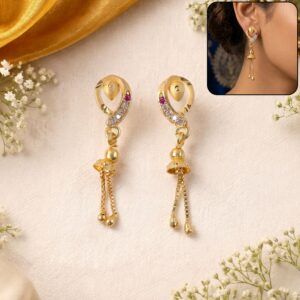 Ethnic Gold-Plated Leaf Motif Chain Drop Earrings for Women (1 Pair)