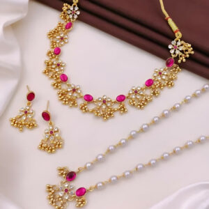 Traditional Gold-Plated Pink Stone & Pearl Bridal Jewelry Set with Necklace, Earrings