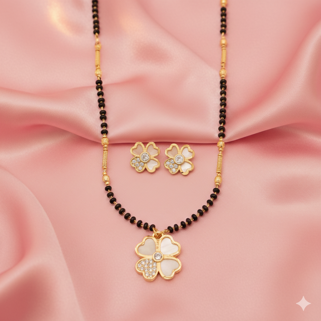Gold Plated AD Floral Mangalsutra and Earring Set for women