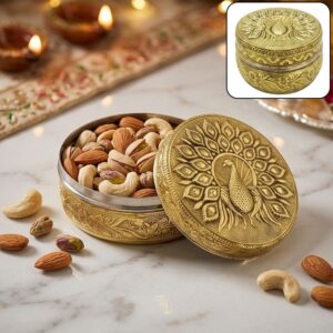 Traditional Handcrafted Stainless Steel Storage Box with Embossed Peacock Lid – Decorative Gift Container