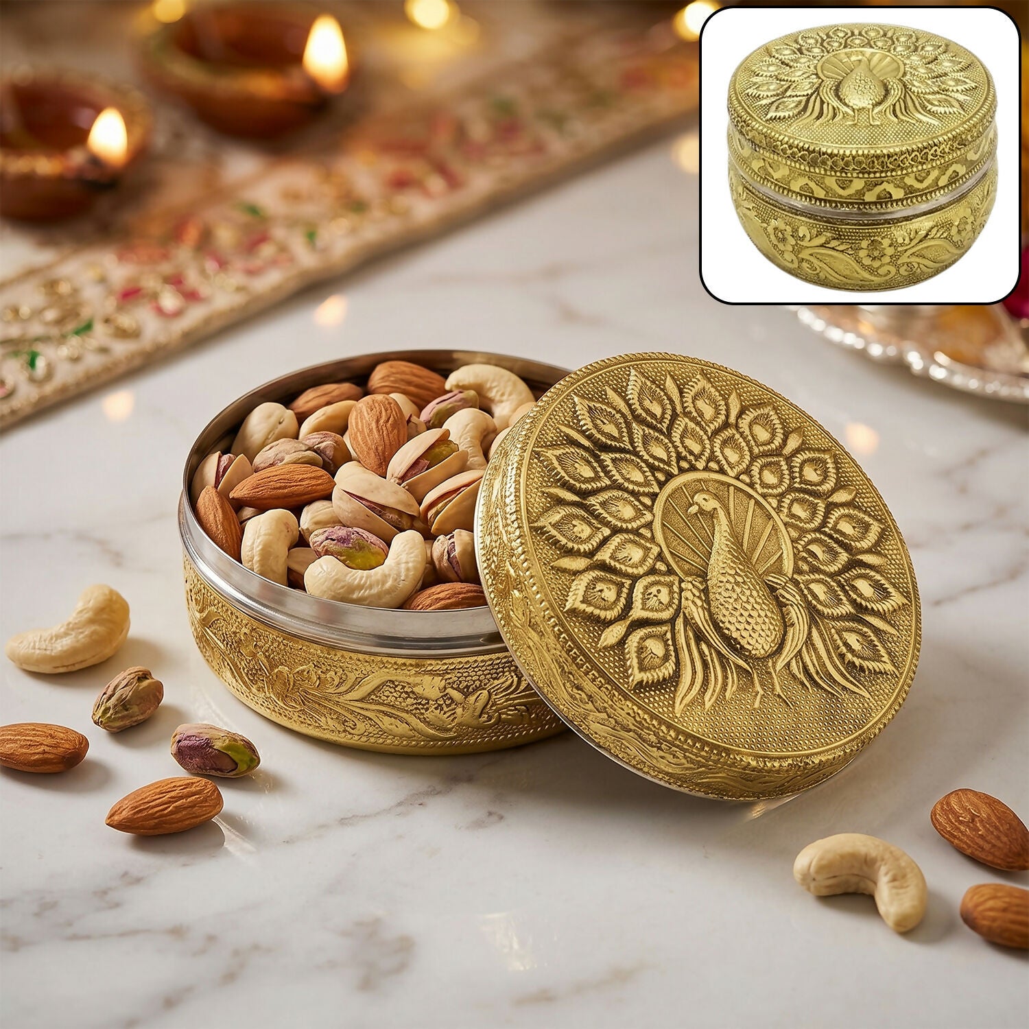Traditional Handcrafted Stainless Steel Storage Box with Embossed Peacock Lid – Decorative Gift Container