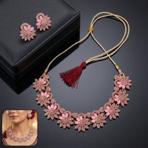 Stylish Pink Stone Floral Necklace Set with Matching Earrings for Women