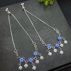 Evil Eye & Four-Leaf Clover Charm Adjustable Silver Anklets