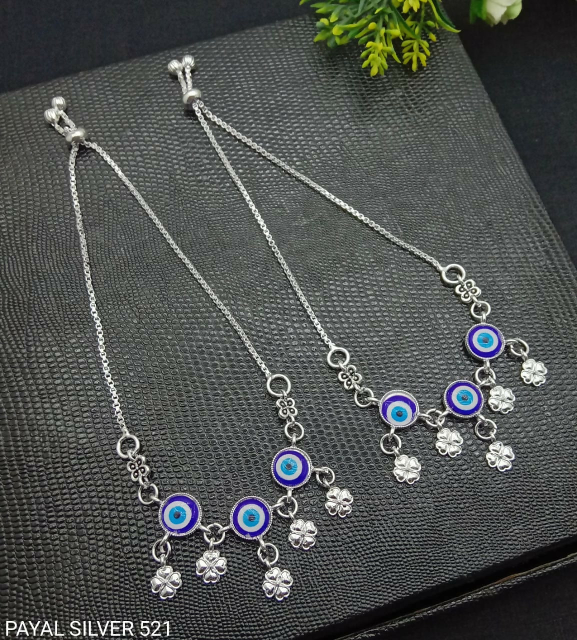 Evil Eye & Four-Leaf Clover Charm Adjustable Silver Anklets