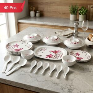 Kalmiya Neelkanth Gold 40 Pcs Melamine Dinner Set with Plates Bowls Serving Set