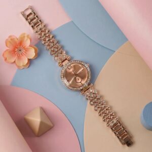 Rose Gold Champagne Dial Diamond Studded Women’s Luxury Bracelet Watch with Crystal Designer Strap
