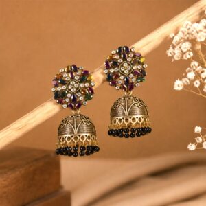 Antique Golden Jhumka Earrings with Black Stone Floral Top