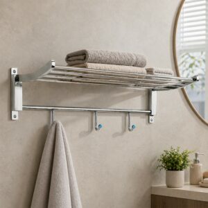 Single Decor Wall Mounted Bathroom Towel Rack with Storage Shelf and Hanging Hooks