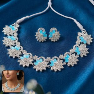 Elegant Silver-Plated Necklace Set with Earrings and Blue Gemstones