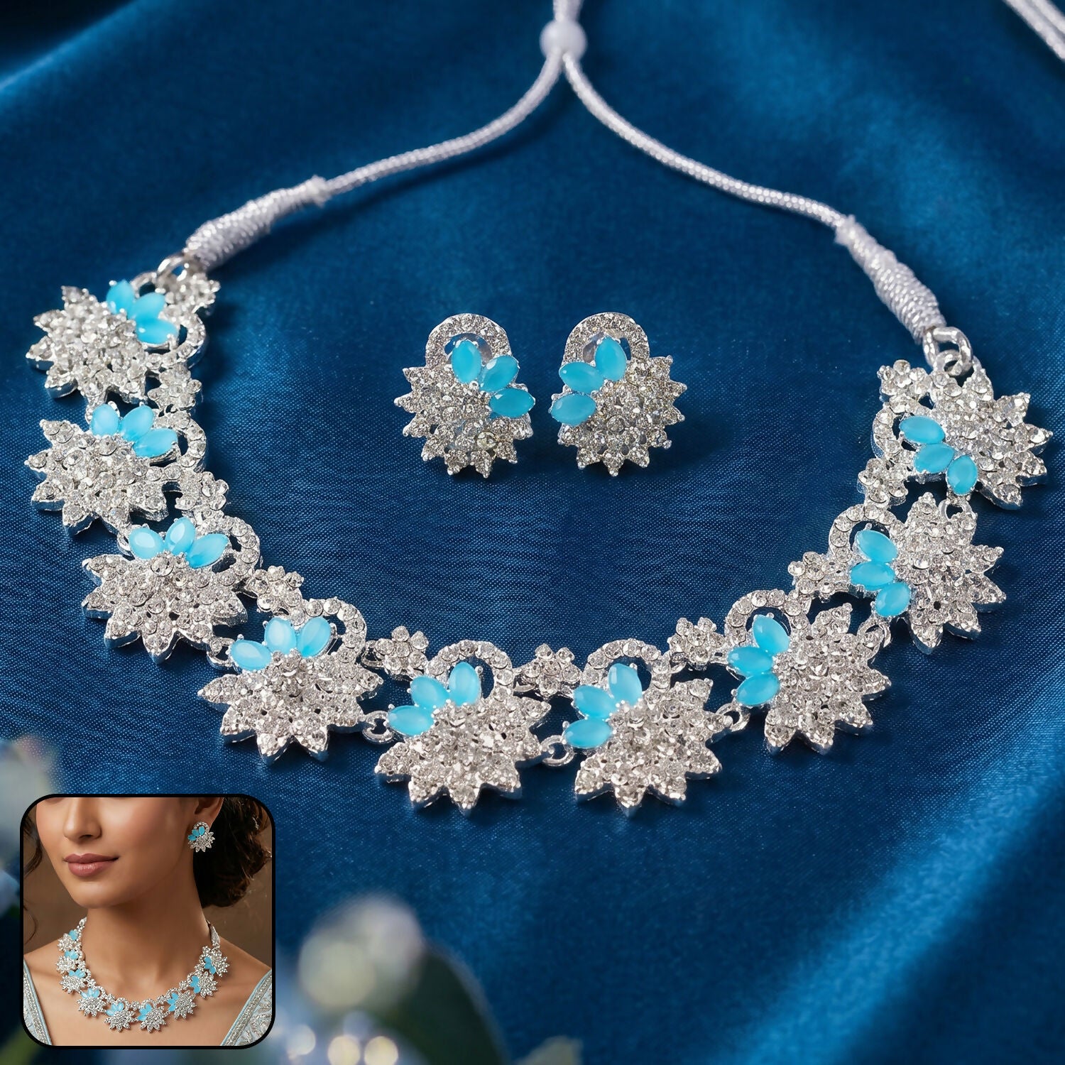 Elegant Silver-Plated Necklace Set with Earrings and Blue Gemstones