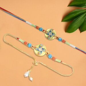 Elegant Floral Designer Rakhi & Lumba Set with Beaded Accents