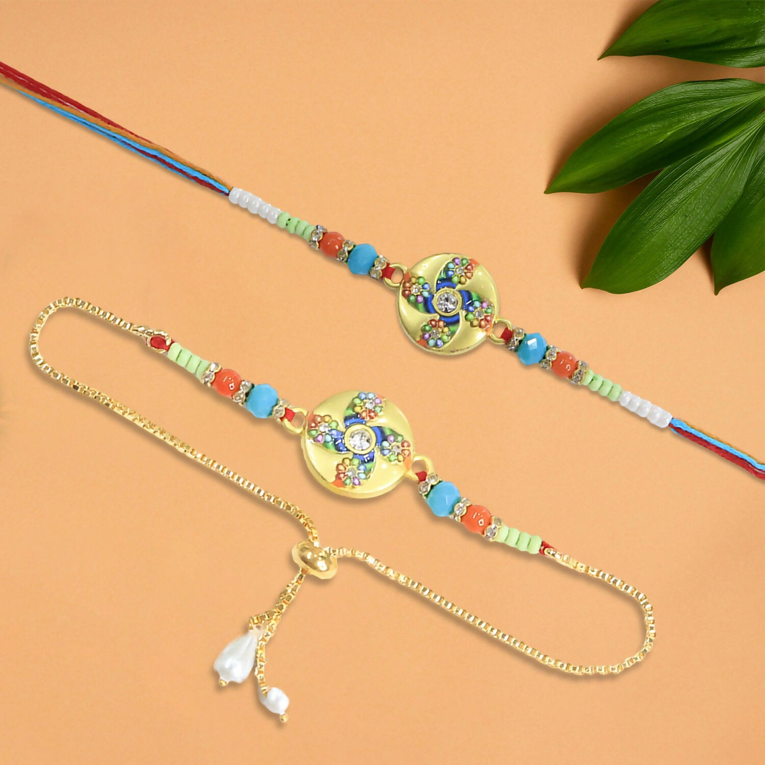 Elegant Floral Designer Rakhi & Lumba Set with Beaded Accents