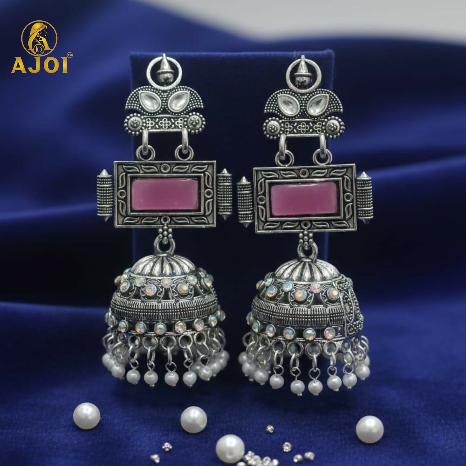 Royal Heirloom Oxidized Silver Jhumka Earrings with Blush Pink Stone Earring