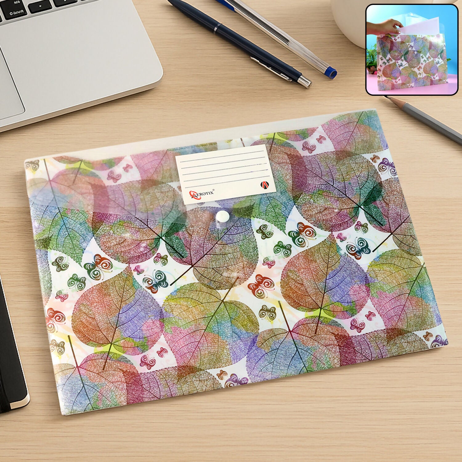 Printed A4 Document Folder – Leaf Design with Button Closure & Label Slot (1 Pc)
