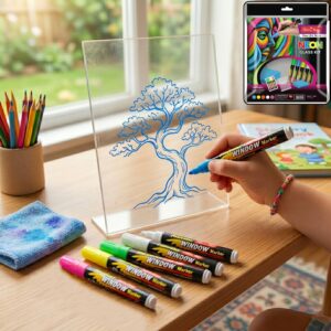 Officemate Neon Glass Window Marker Acrylic Art Drawing Kit with 5 Fluorescent Markers & Cleaning Cloth