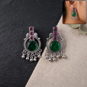 Antique Silver Vertical Drop Earrings with Green Center Stone & Pink Accents | Festive Wear
