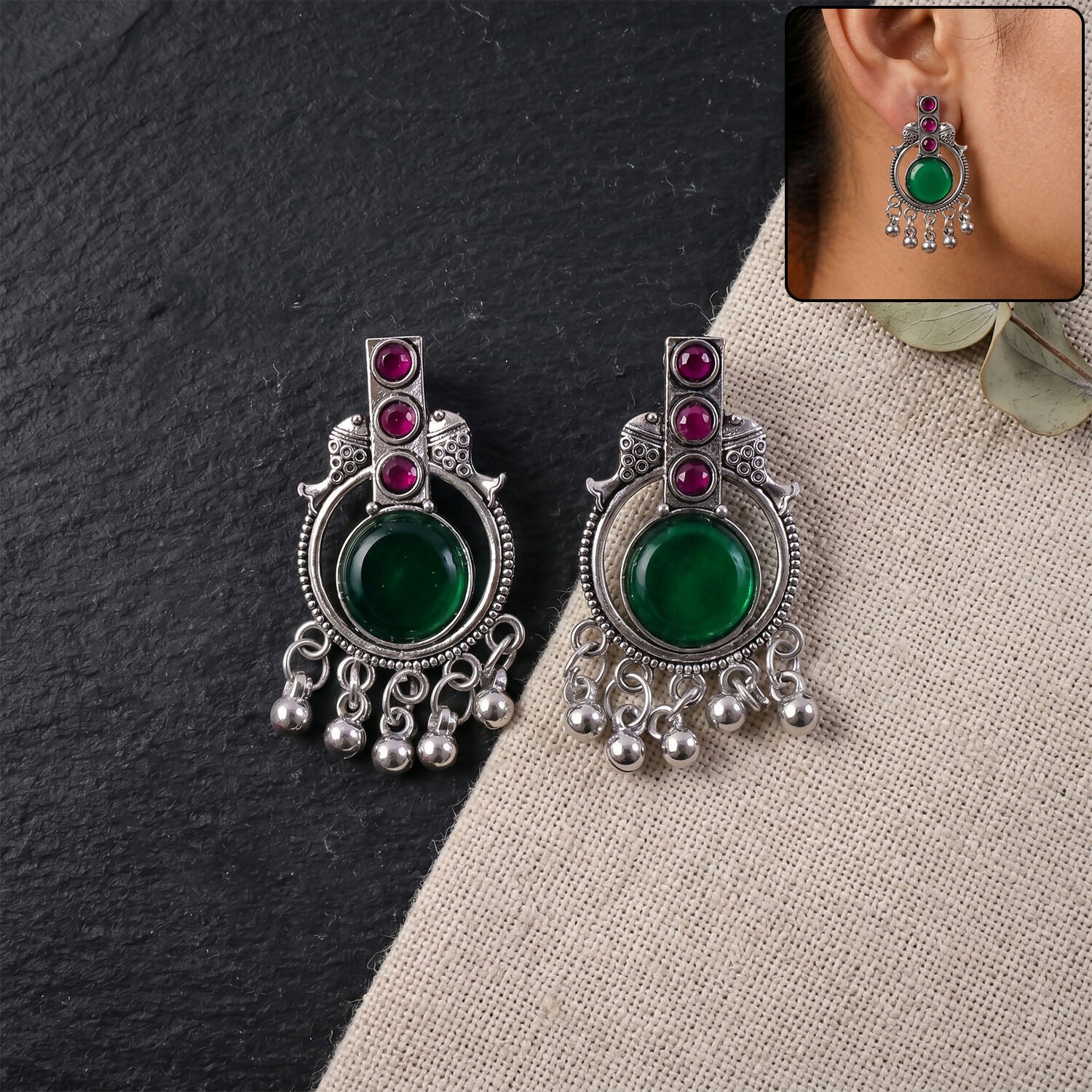 Antique Silver Vertical Drop Earrings with Green Center Stone & Pink Accents | Festive Wear