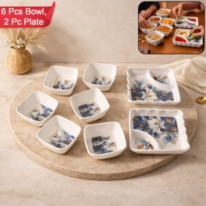 Premium Floral Design Melamine Serving Bowl & Plate Set for Snacks & Starters (8 Pc)