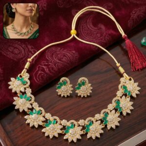 Elegant Gold Plated Necklace & Earrings Set with Green Stones