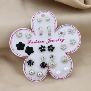 Silver & Black Stud Earrings Set for Women | Minimal & Floral Designs (12 Pair)